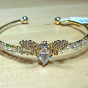 GOLD TONE RHODIUM BUMBLEBEE HONEY BEE SPARKLING WHITE CZ STONES CUFF BRACELET